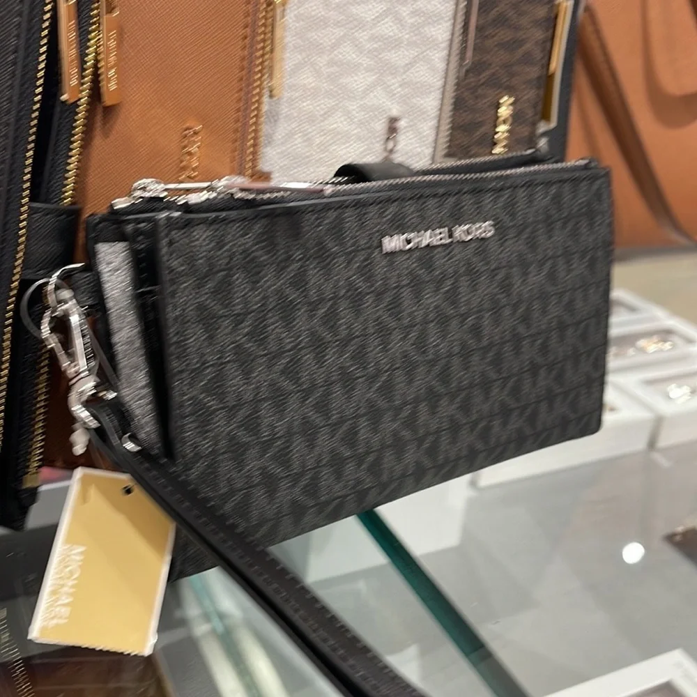 MICHAEL KORS LARGE DOUBLE ZIP WRISTLET PHONEHOLDER WALLET CLUTCH BLACK SIGNATUR